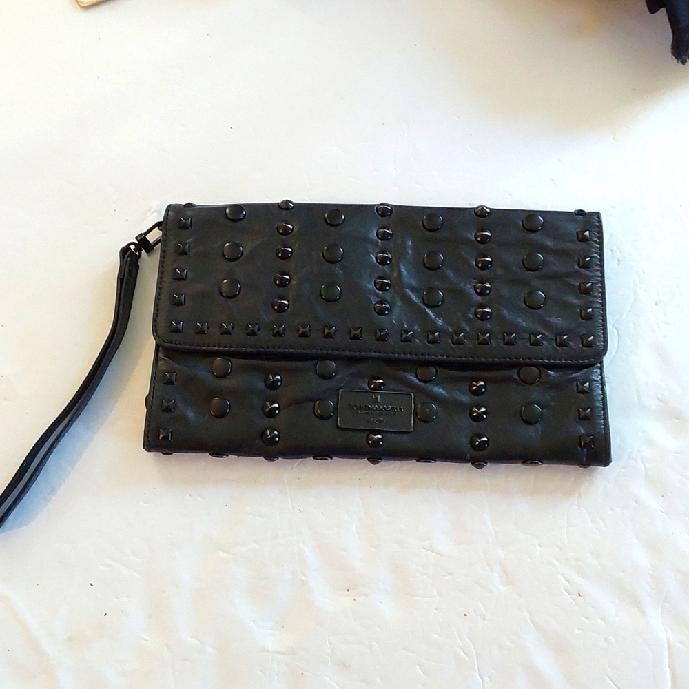 BcbgMaxazria Womens Black Leather Studded Clutch Wristlet Edgy MOD Sz.Large